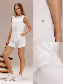 TENCEL™-Linen Max Motivation 及臀长度常规版型 A 字扭结镂空圆领背心，适合度假、夏季旅行、海滩日常休闲穿着 - 白色 - 查看 7