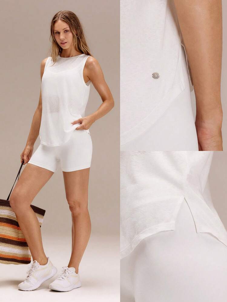 TENCEL™-Linen Max Motivation Hip Length Regular Fit A-Line Twist Cutout Crewneck Muscle Tank Vacation Holiday Summer Travel Beach Daily Casual Wear