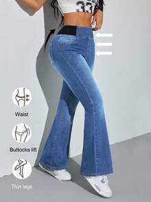 SHEIN PETITE 女款藍色牛仔緊身喇叭褲，舒適高彈力丹寧，夏季辦公穿搭，美人魚風格，適合嬌小女性 - 中等水洗藍 - 查看 3
