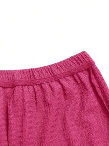 SHEIN Tween Girls Bow Ribbed Print T-Shirt & Long Pants Knit 2 Pieces Set, Casual Daily Fashion Versatile Tween Girl - Hot Pink - View 5