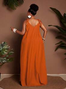 Maweii Vestido de línea A con tirantes finos para mujer de talla grande, conjunto casual para playa y vacaciones - Naranja - Ver 2