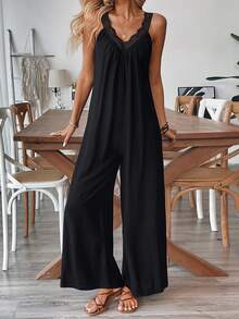 Breezaya Mono de pantalón con estampado floral de cuello en V sin mangas, estilo vacacional para mujer - Negro - Ver 2