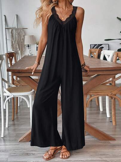 Breezaya Combinaison pantalon sans manches à col en V avec imprimé floral, style vacances pour femmes