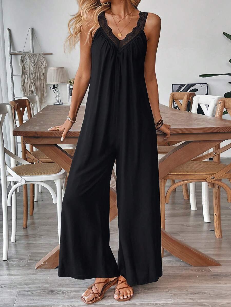 Breezaya Mono de pantalón con estampado floral de cuello en V sin mangas, estilo vacacional para mujer