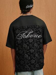 TOKVUE Camiseta casual de manga corta con cuello redondo, bordado de letras y estampado floral de jacquard de retazos para hombre - Negro - Ver 4
