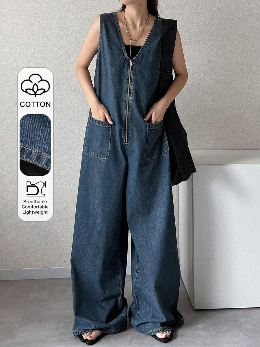 FRIFUL Mono vaquero de pierna ancha con cremallera y bolsillos dobles para mujer - Azul - Ver 1