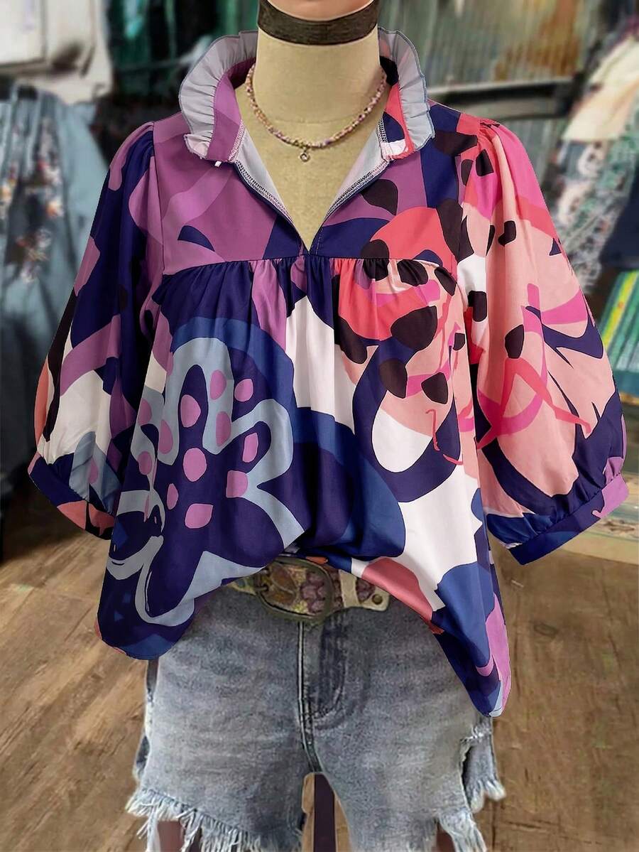 SHEIN JORESS 大码舒适休闲优雅时尚设计修身时尚度假衬衫 - 彩色 - 查看 1