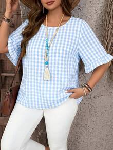 EMERY ROSE Plus Size Plaid Minimalist Casual Round Neck Short Sleeve Shirt - Baby Blue - View 1