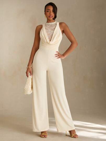 Glamine Bộ jumpsuit màu mơ không tay, gợi cảm, phối ren, hở lưng, cổ khoét sâu, cạp cao, ống rộng, thích hợp cho nữ, hẹn hò và mặc hàng ngày.