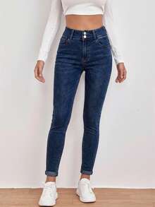 SHEIN Frenchy High Waist Slant Pocket Skinny Black Jeans - Dark Wash - View 3