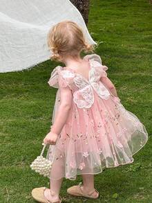 LMoss Kids Vestido casual para niña con cuello cuadrado, volantes y bordado de malla de unicolor tejido - Rosa - Ver 3