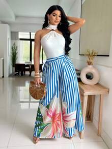 Blue & White Pleated Waist Loose Women Casual Pants Women Vacation Outfit Sets Tropical Vacation Outfits For Women Women 2 Pieces Outfit Casual Woman Summer Outfits Women's Beach Outfits Women's Beach Outfits Wide Leg Pants For Women - Multicolor - View 4
