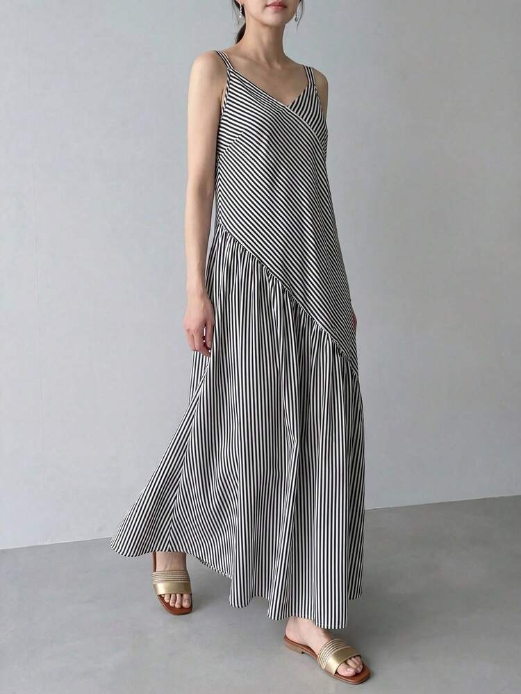 EMERY ROSE Vestido casual de mujer con rayas y bajo asimétrico, para verano - Blanco y Negro - Añade 2