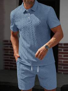 Manfinity Homme 男士夏季休闲纯色纹理 Polo 衫和短裤套装男两件套夏季男士两件套服装蓝色男士淡蓝色短裤套装男士两件套休闲短裤套装两件套男士套装蓝色，老钱风格 - 藍色 - 查看 6