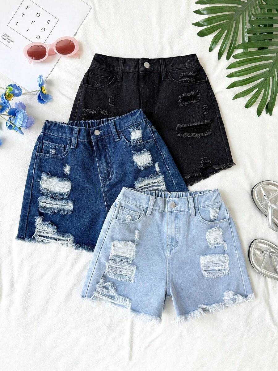 SHEIN Bộ đồ hai mảnh cho bé gái tuổi teen, màu trơn, phong cách boho, quần short denim rách ống rộng màu xanh nhạt và đậm với túi xéo, thích hợp cho kỳ nghỉ hè, hòa nhạc, lễ hội âm nhạc, phù hợp cho những buổi tối thư giãn, đi học, đại học, trang phục mùa hè, thích hợp cho phong cách boho mùa xuân và hè, mùa vintage/bãi biển/biển/lễ tốt nghiệp thanh lịch, bộ jumpsuit thường ngày, kỳ nghỉ hè, trang phục mùa xuân, bãi biển, kỳ nghỉ, ngày lễ tình nhân, kỳ nghỉ hè, kỳ nghỉ biển, lễ tốt nghiệp. - Nhiều màu - Xem 1