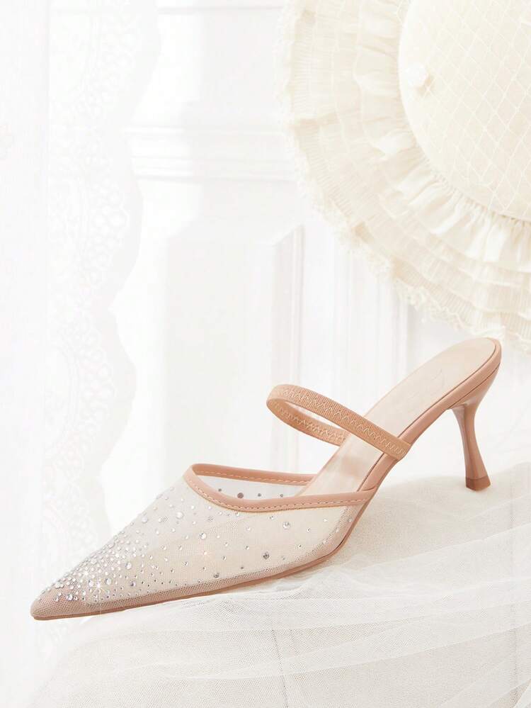 CUCCOO HITCHD Women Shoes Spring And Summer Shining Rhinestones Pointed Slip-On Mule Heels Slim Heel Medium Heel 6.5cm Women's High Heel Shoes Elegant Mesh Commuter Dating Party