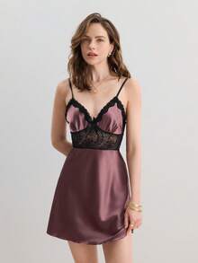 Hourtrue Color Block Lace Patchwork Cami Sleep Dress Pajama Dress Luxeloungewearfor Summer - Rust Brown - View 5