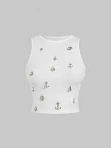 ROMWE Grunge Punk Y2K Punk Metal Cross Decor Fitted Cropped Women Tank Top - White - View 9