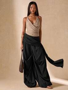 SHEIN BAE Pantalones anchos de pierna ancha de moda para mujer - Negro - Ver 5
