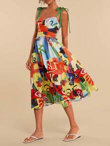 Travachic Women's Casual Palm Tree Print Sleeveless Dress, Suitable For Vacation - Multicolor - View 1