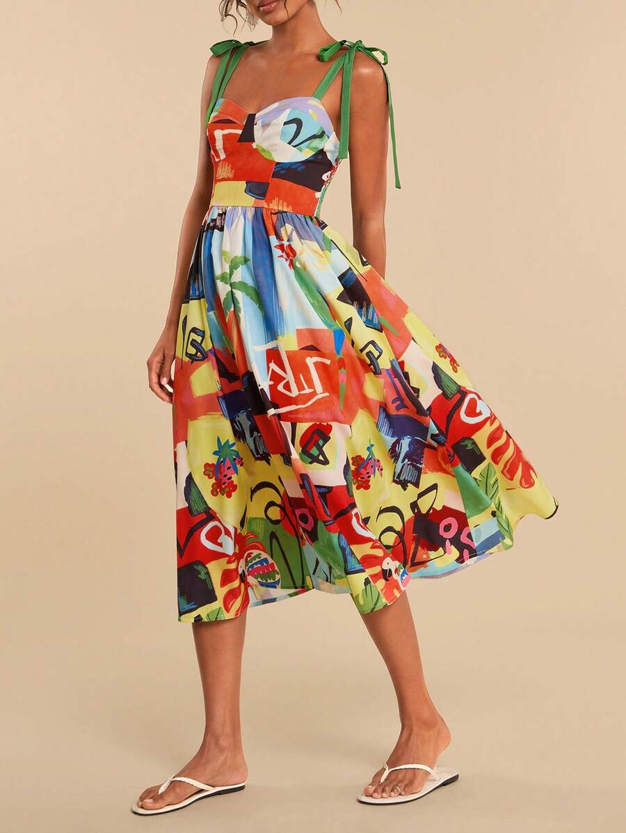 Travachic Women's Casual Palm Tree Print Sleeveless Dress, Suitable For Vacation - Multicolor - View 1