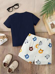 SHEIN Playful Pals Conjunto de roupa para bebê menino com 2 peças: casaquinho de manga curta com gola decorada com ursinho e shorts com estampa de urso. Conjunto de camisa e shorts para bebê menino, tecido canelado. Roupa de verão para bebê com estampa de urso. - Azul Real - Ver 2
