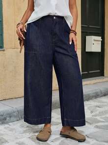 EMERY ROSE EMERY ROSE Plus Size Women Pocketed Button Fly Casual Versatile Daily Wear Wide Leg Jeans - Dark Wash - View 2
