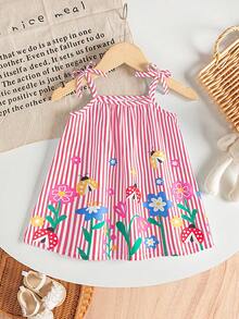 SHEIN Playful Pals 女婴服装 女婴连衣裙 全花卉图案 吊带蝴蝶结 夏季优雅清新连衣裙 - 西瓜粉 - 查看 6