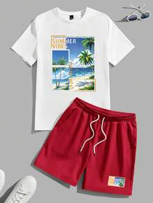 VIVINTIMO Conjunto de camiseta con estampado tropical y pantalones cortos tejidos para hombre - Multicolor - Ver 2