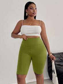 SHEIN PETITE CURVE Plus Size Women Casual Solid Color Leggings, Suitable For Summer - Army Green - View 5