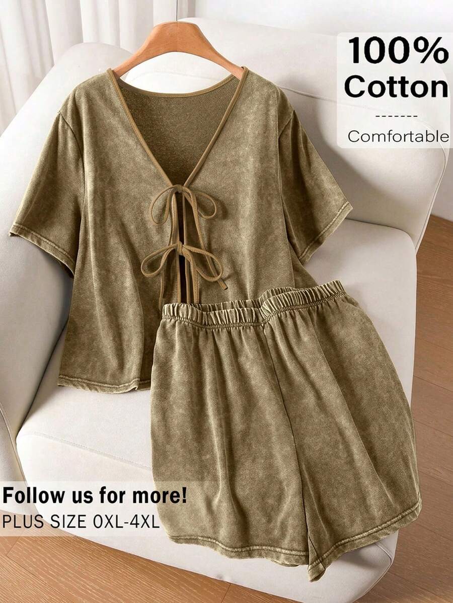 SHEIN Cosyjoi Bộ đồ mùa hè cỡ lớn gồm áo và quần short có dây rút, 2 món. - Màu Khaki - Xem 1