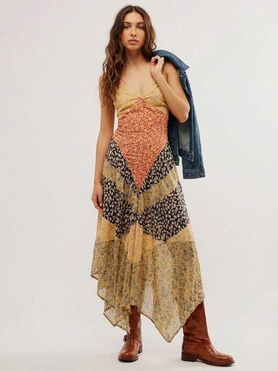 Easelle Đầm dự tiệc âm nhạc phong cách Bohemian, dây mảnh, thắt eo, họa tiết hoa ghép mảnh, vạt bất đối xứng, hở lưng dành cho nữ, đầm nữ, đầm hè nữ, quần áo nữ, đầm phong cách Boho, đầm hè cho nữ