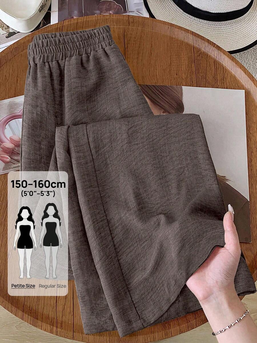 SHEIN RusticEase Petite Quần dài mùa hè đa năng, màu trơn, cạp chun, chất liệu vải có họa tiết. - Cocoa - Xem 1