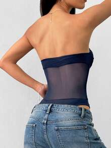 SHEIN EZwear Áo liền thân không tay màu xanh hải quân phối lưới, kiểu dáng ôm sát gợi cảm dành cho nữ. - Màu xanh hải quân - Xem 2