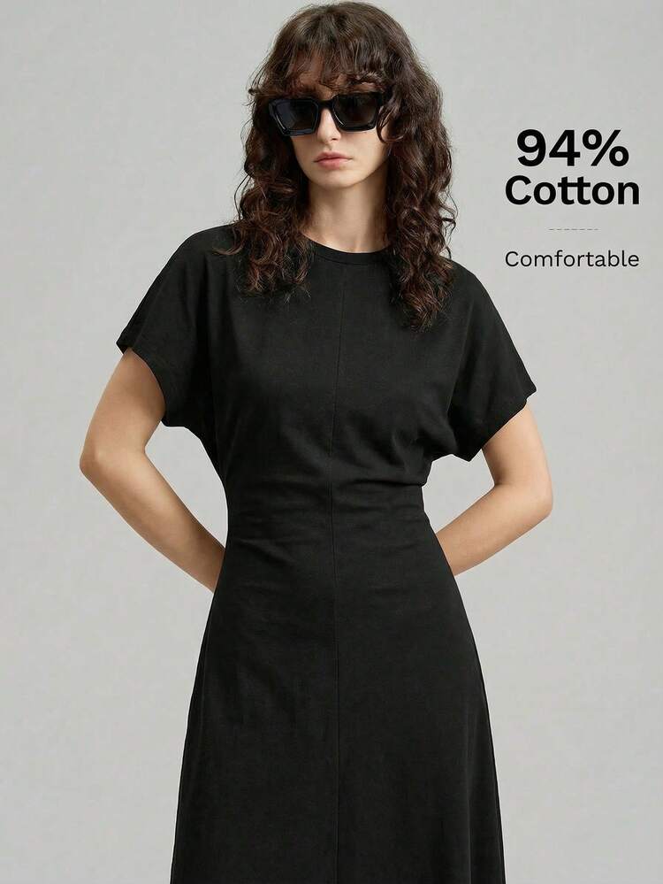 2026 Spring/Summer New Black Waistline Minimalist Dress, Elegant Batwing Sleeve Dress, Teacher's Dress, Formal Elegant Dress For Women