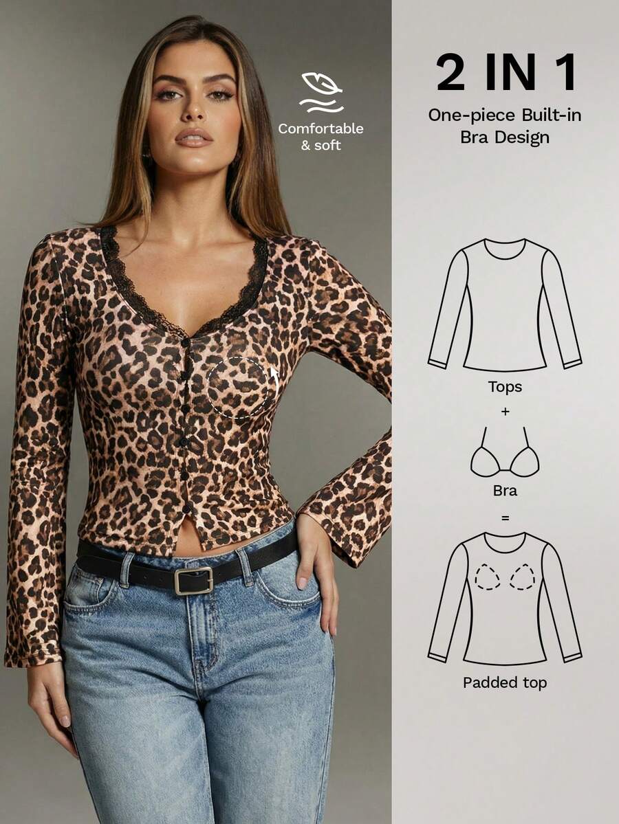 Nuvra 1 pieza Camiseta de mujer cómoda y sexy con estampado de leopardo y encaje - Marrón - Ver 1