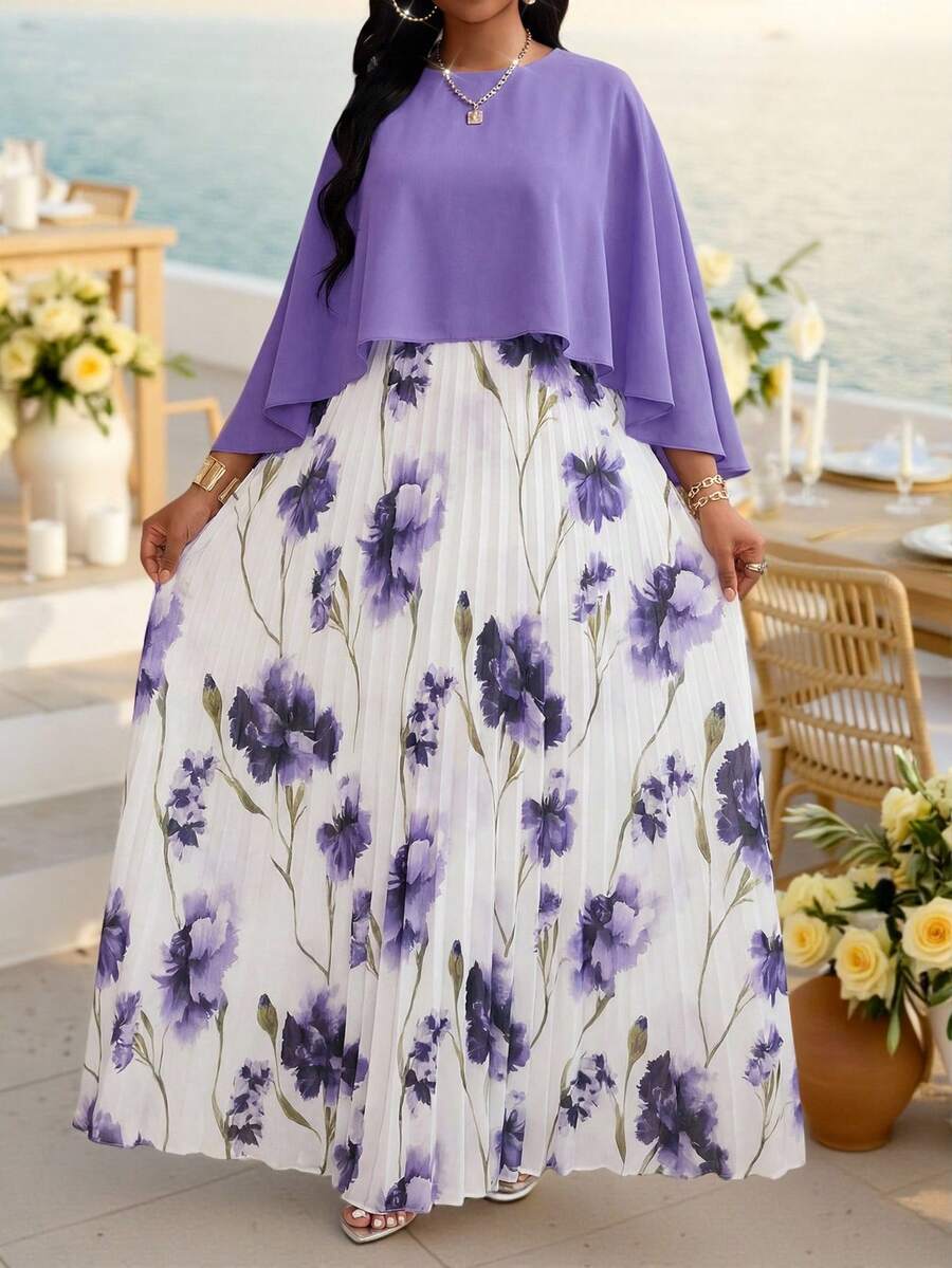 大码女式印花拼接褶裥下摆优雅夏季连衣裙 - 粉色 - 查看 1