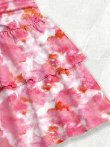 Olithes 女士春夏新款黑色亮面面料露背系带双层荷叶边下摆休闲日常通勤约会派对鸡尾酒会迷你连衣裙 - 粉色 - 查看 5