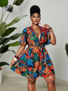 SHEIN CURVE+ Đầm tay ngắn in họa tiết nhiều màu sắc cỡ lớn - Nhiều màu - Xem 5