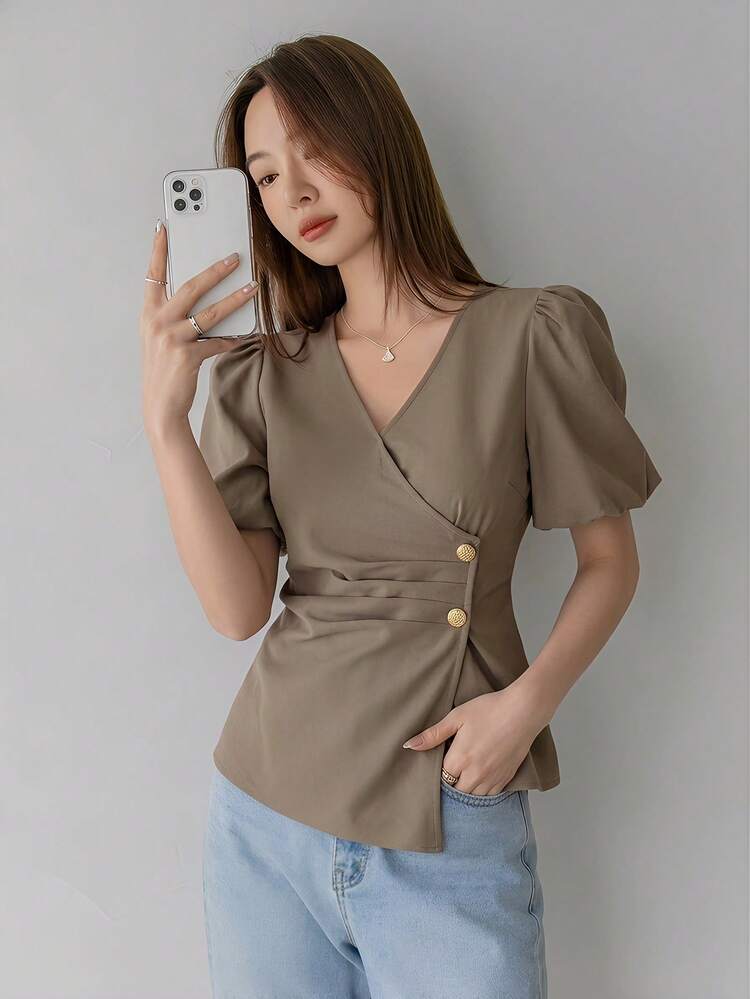 Women's Elegant Short Sleeve Shirt, Casual Design, Suitable For Spring, Summer, Valentine's Day, Wedding