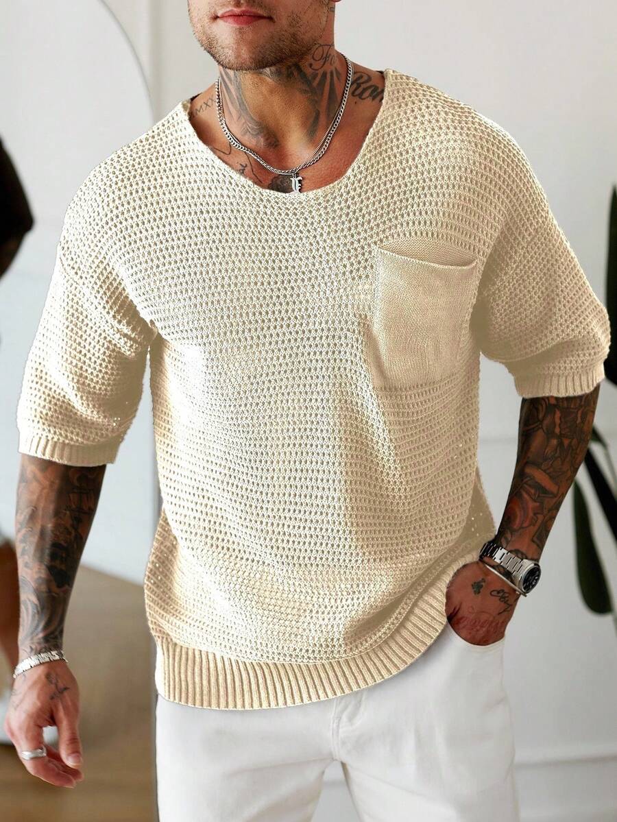 Manfinity Homme 男士纯色圆领口袋休闲日常针织上衣 - 杏色 - 查看 1