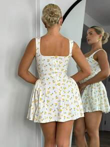 Bethéva 女式樱桃印花方领迷你连衣裙，时尚夏季 - 黃色 - 查看 2