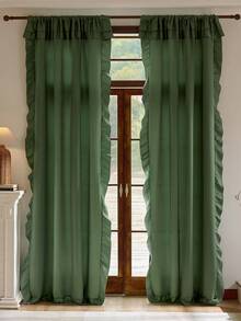 1pc Plain Voile Ruffle Edge Curtain, Nordic Luxury Solid Semi-Sheer Lightweight Soft Ruffle Edge Curtain, Suitable For Living Room, Bedroom, Party, Holiday, Home Decor - Green - View 4