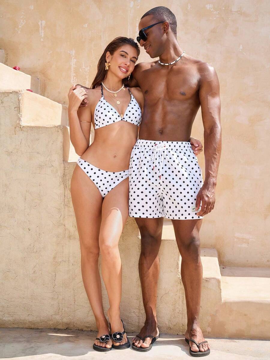 Manfinity VDAYZ 男士波点印花抽绳腰带沙滩短裤 - 白色 - 查看 1