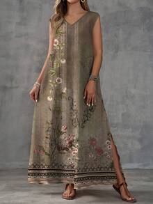 EMERY ROSE Plus Size Floral Print Sleeveless Slit Casual Vacation Dress - Multicolor - View 5