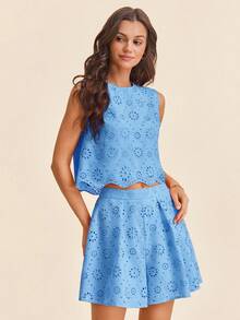 Vivid Eden Women's Elegant Blue Floral Eyelash Lace 2 Pieces Set,Summer Boho Holiday Jacquard Two Piece Sets,Vacation Outfits For Women,Beach Tea Party Brunch - Blue - View 3
