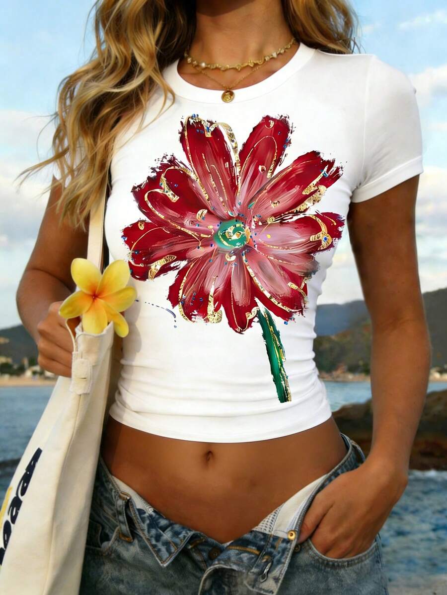 SHEIN Áo thun nữ cổ tròn dáng ngắn, in họa tiết hoa, ôm sát, phong cách thường ngày. - trắng - Xem 1