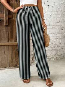 SHEIN Frenchy Casual Minimalist Vacation Bohemian Elegant Retro Black And White Striped, Music Festival, Beach Outfit, Vacation Outfit, Women's Summer Outfit, Women's Elastic Waist Casual Pants - Multicolor - View 3