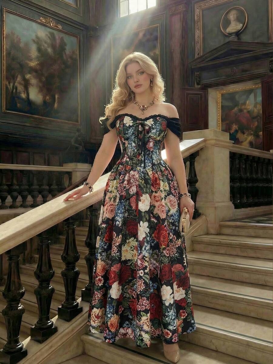 SHEIN MOD Plus Size Vintage Floral Off-Shoulder Dress, Elegant Romantic Vacation Outfit, Spring/Summer.Plus Size Black Floral Print Dress Off Shoulder Sweetheart Neckline Lace Up Front Puff Sleeves Vintage-Inspired Silhouette Flowing Skirt Colorful Blooms Romantic Style Ruched Detail Fitted Bodice Soft Drape Elegant Flared Hem Midi Length Satin-Like Finish Classic Charm Garden Motif Feminine Touch Dramatic Flare - Multicolor - View 1