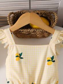 SHEIN Vintaside Kids Bộ áo liền quần in họa tiết kẻ caro chanh cho bé gái, tay bồng, trang phục thường ngày dễ thương cho những chuyến đi chơi và kỳ nghỉ hè. - Màu be - Xem 7